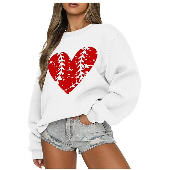 Oversize Long Sleeve Sweatshirt for Women Cute Letter Graphic Print Round Neck Pullover Tops Valentine's Day Gift(White,XL)