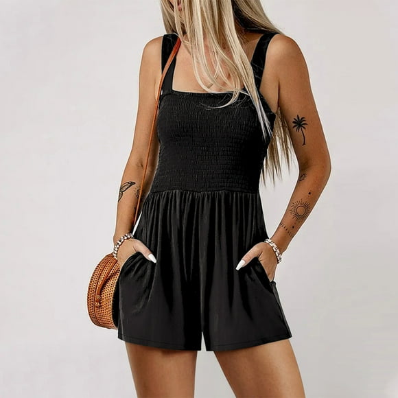 Reduced Price,Women's Solid Color Stylish Pocket Strap Romper Comfortable Casual Wide Leg Romper Shorts,Relaxed Fit, Stylish Design, Pockets, Casual Summer Romper, Beach, Daily Wear|Polyester,Black