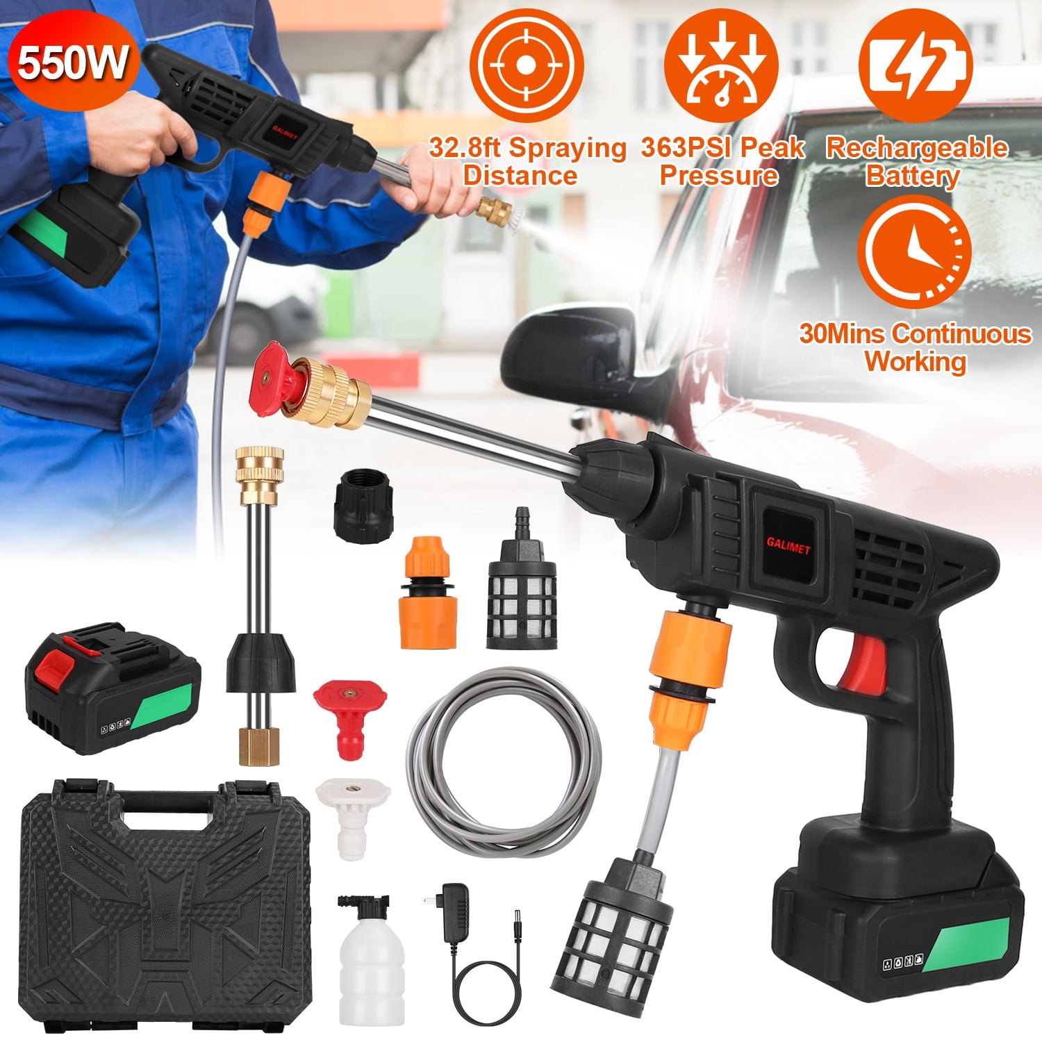 363PSI Cordless Electric Pressure Washer, 550W Portable Power Washer with Rechargeable Batteries for Car Washing, Patio Deck, Fence, Driveway, Outdoor Home Cleaning, Water Hose & Case Included