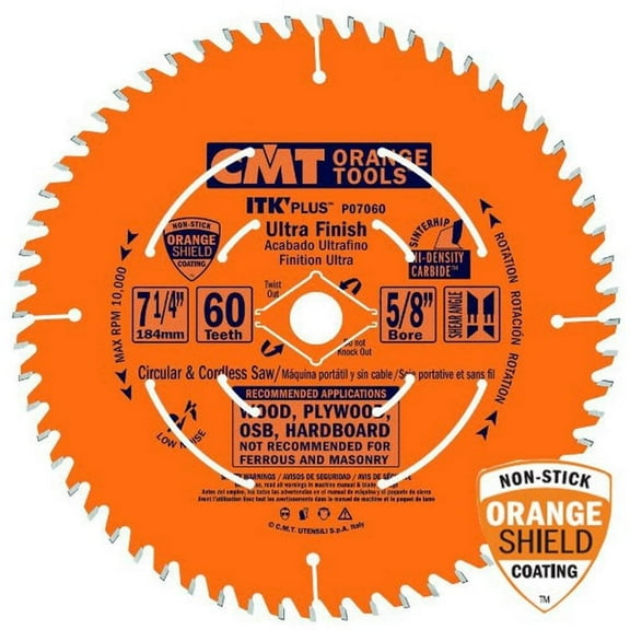 CMT P07060 ITK Plus Ultra Finish Saw Blade, 7-1/4 x 60 Teeth, 10° ATB Shear with 5/8-Inch
