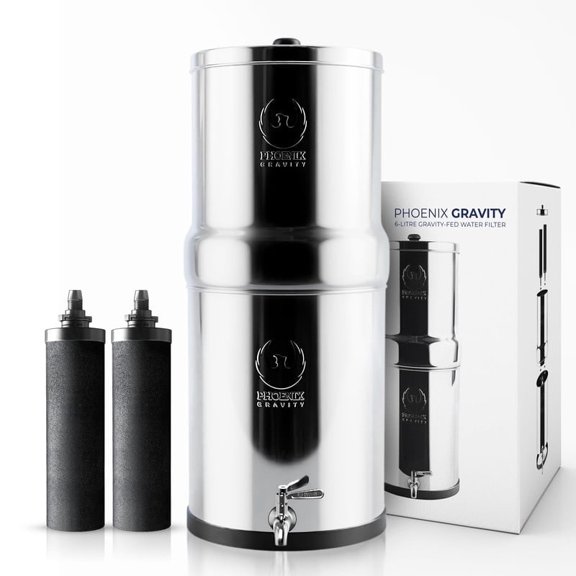Phoenix Gravity - 4.25 Gallon Water Filter System AISI 304 Stainless Steel Gravity Fed Water Filter System, NSF Certified 2 Carbon Filter Elements & Free Stainless Steel Water Spigot