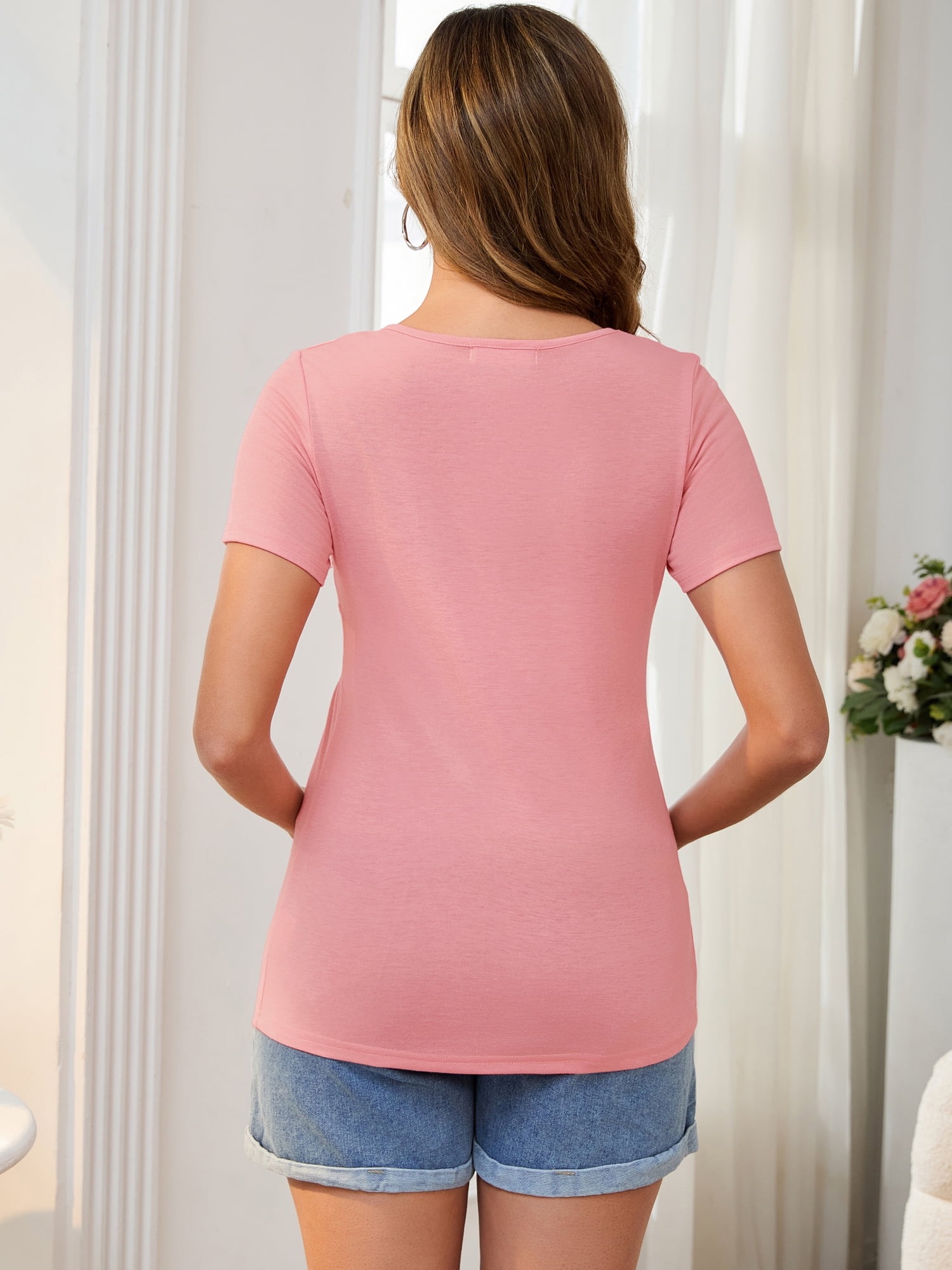 DARING DIVA Women's Short Sleeve Crew Neck Wrinkle Design Maternity Blouses XL Pink