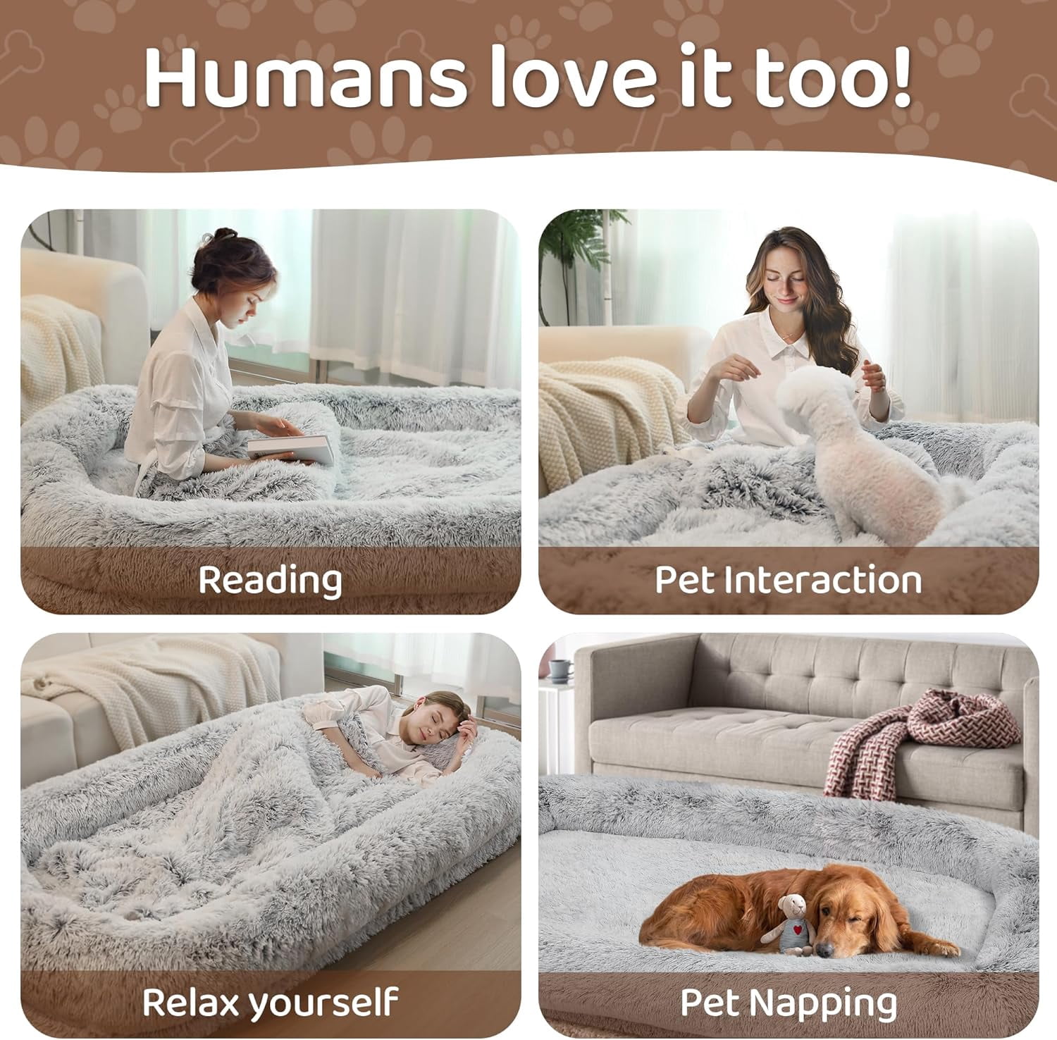 Large Human Dog Bed for Adults, 75"x43"x10" Cozy Human Sized Pet Bed, Orthopedic & Washable Cover, Non-Slip Comfortable Lounger for People and Pets, Light Grey