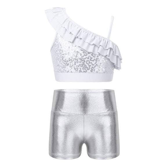 Doomiva Kids Girls Sequin Ruffle Crop Top with Shorts Set Sport Workout Gymnastics Dance Outfit Tracksuit Silver 6