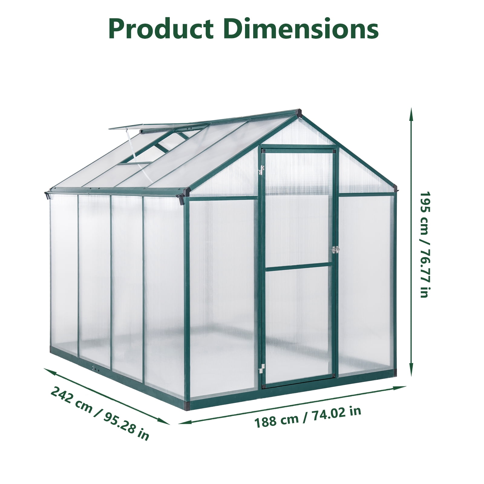 Tuekys 6*8FT Greenhouse for Outdoor, Polycarbonate Greenhouse with Roof Vent, Large Walk-in Greenhouse for Outside Garden Backyard
