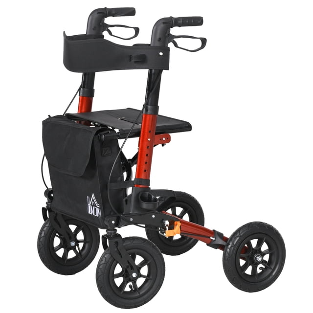 HOMCOM Déambulateur à Roulettes en Aluminium Rouge avec Siège, Roues de 9,8 Pouces, Poignées Ajustables, Sac de Rangement et Freins Doubles - 24,8 Pouces L x 26,4 Pouces P x 31,5 Pouces-36,8 Pouces H, Supporte 299 Lb