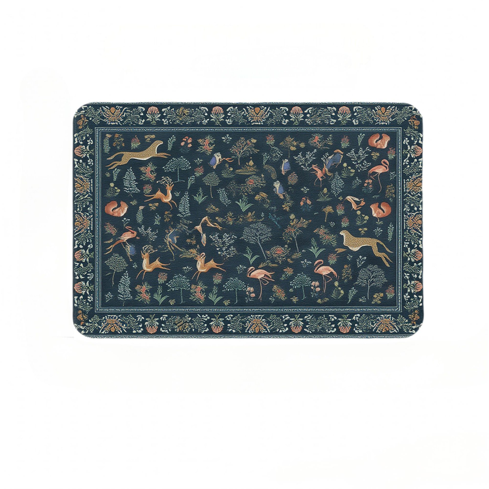 Diatomaceous Earth Entryway Door Mat 36 x 24 Inch, Dark Teal Vintage Forest Animal Tapestry Rug Print Quick Dry Super Absorbent Non‑Slip Rubber Backing Low‑Profile Indoor Floor Mat for Home Entrance