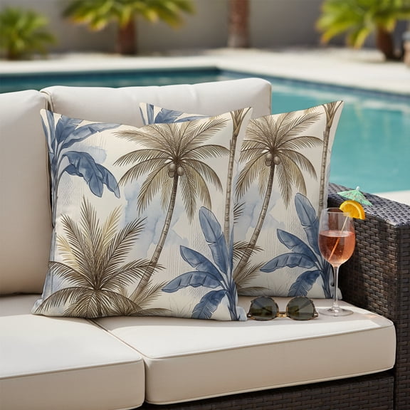 Coastal Plam Trees Outdoor Pillow Covers 26x26 Inch Throw Pillow Covers Set of 2 Waterproof Decorative Pillow Cases Beach Blue Brown Tropical Plants Vintage Cushion Covers for Patio Furniture Garden