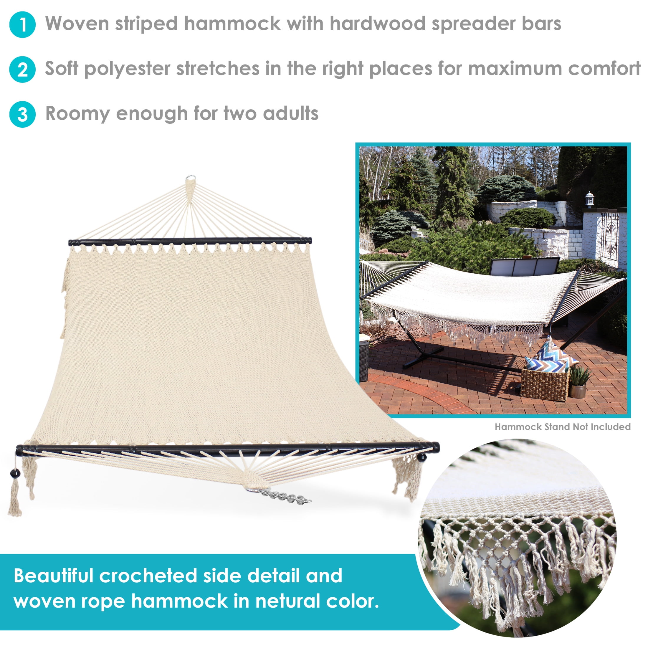 Sunnydaze 2-Person Woven Polyester Spreader Bar Hammock, 600 lb Capacity - Lagoon Stripes