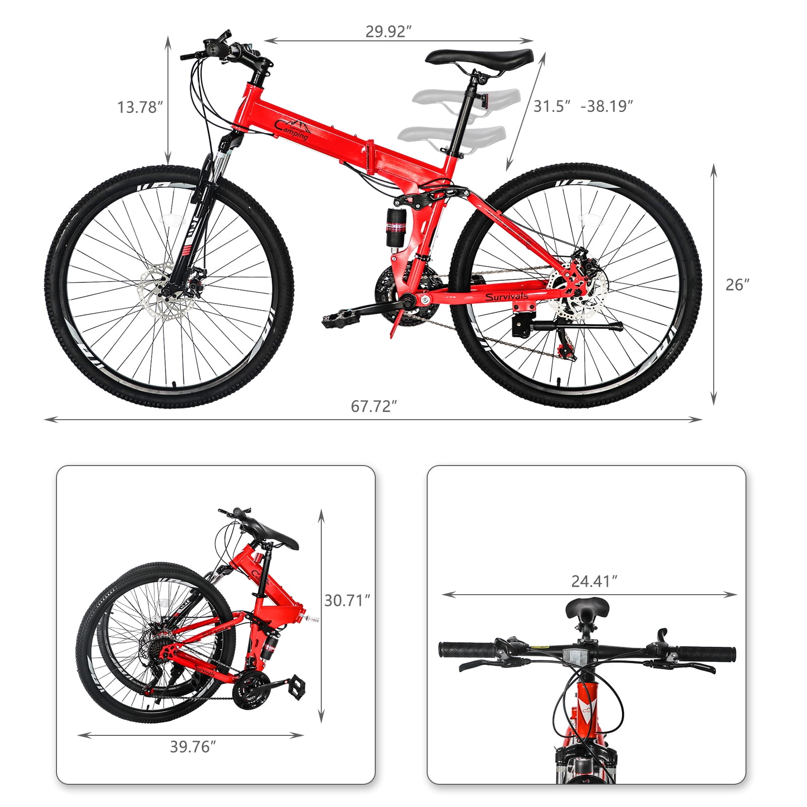 26in Foldable Land Rover Mountain Bike 21-Speed High Carbon Steel Frame 100kg Capacity Double Disc Brakes & Thickened Shock-Absorbing Front Fork Red Black