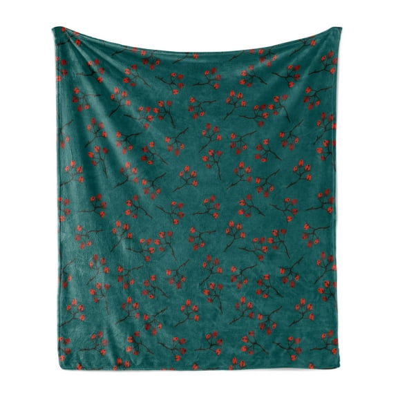 Teal Soft Flannel Fleece Blanket, Whimsical Modern Style Berry Christmas Pattern Hand Drawn Rustic Traditional, Cozy Plush for Indoor and Outdoor Use, 60" x 80", Teal Ruby Vermilion, by Ambesonne
