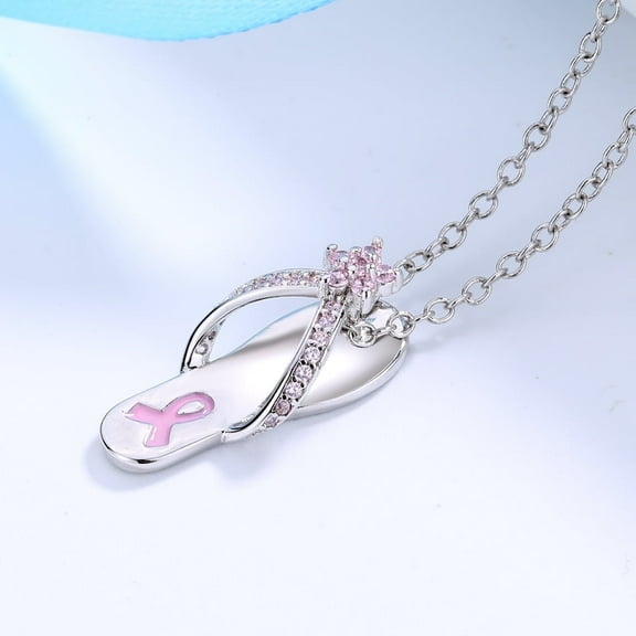 Breast Cancer Awareness Sterling Silver and Pink Sapphire Slipper Pendant Necklace