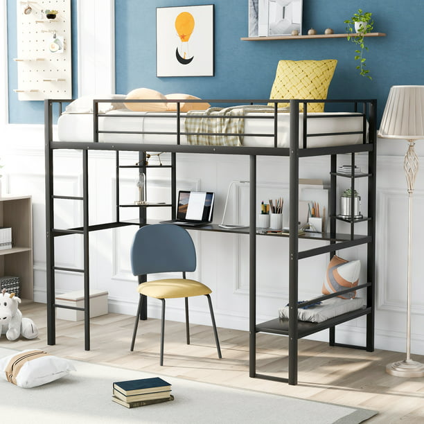 Metal Loft Bed Heavy Duty Twin, Metal Loft Bed With Desk And Shelves