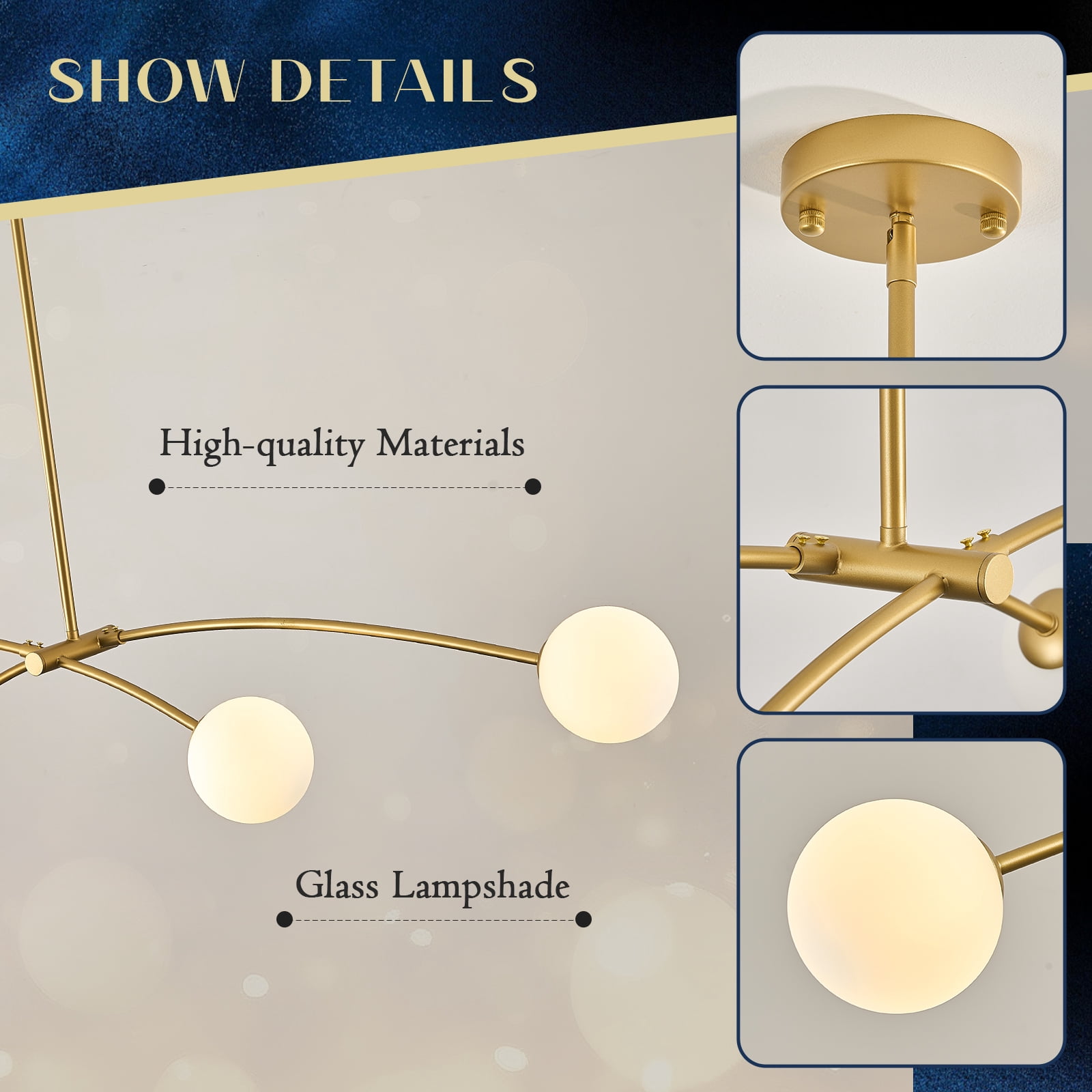 Modern Gold Sputnik Chandelier L51” Mid Century 4 Lights Milk Glass Globe Ceiling Pendant Light Fixture Contemporary for Kitchen Island Dining Room Bar Bedroom Home Office
