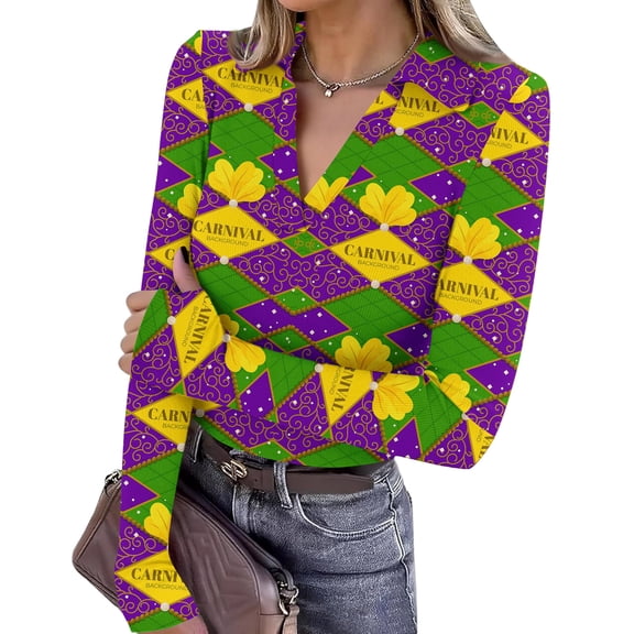 Mardi Gras Shirts Womens Sequins Feathers Print V Neck Graphic Tee Carnival Long Sleeve Gold Tunic Tops Green S