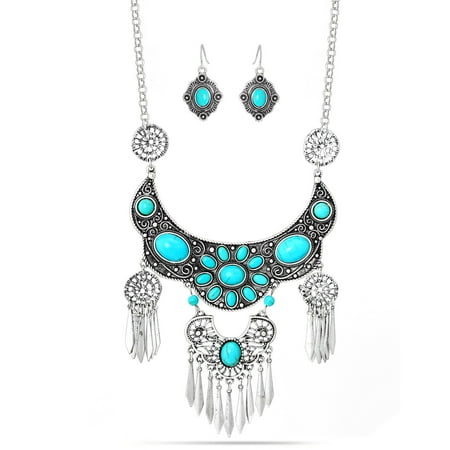 Turquoise Pearl Set TAZZA WOMEN'S OXIDIZED ANTIQUE LOOK VINTAGE BOHO STYLE SILVER TONE TURQUOISE EARRING AND NECKLACE SET ()