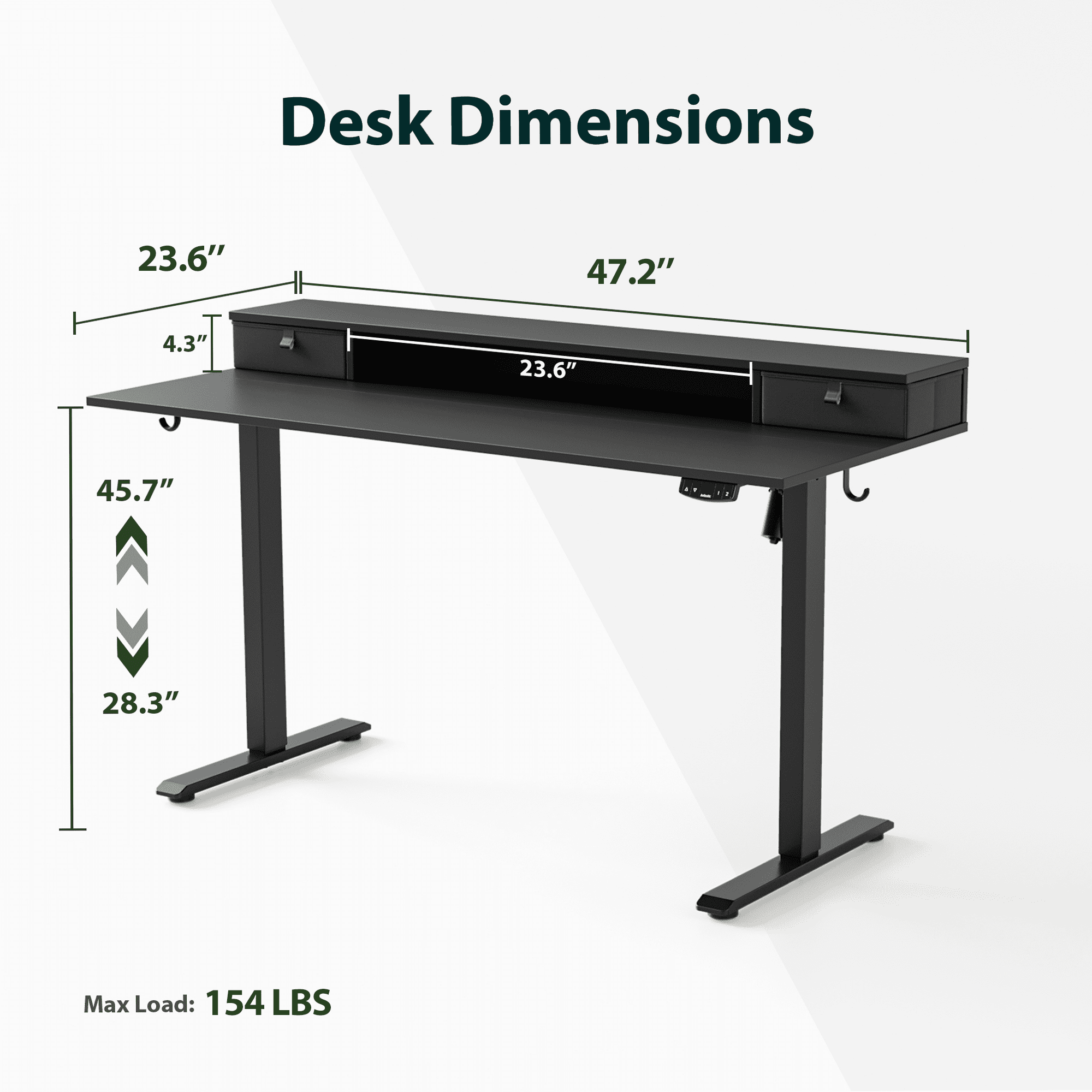 47.2 Inch Electric Standing Desk with 2 Drawers, Height Adjustable Desk with 2 Memory Keys, Ergonomic Sit-Stand Computer Desk with Hooks for Home Office, Black