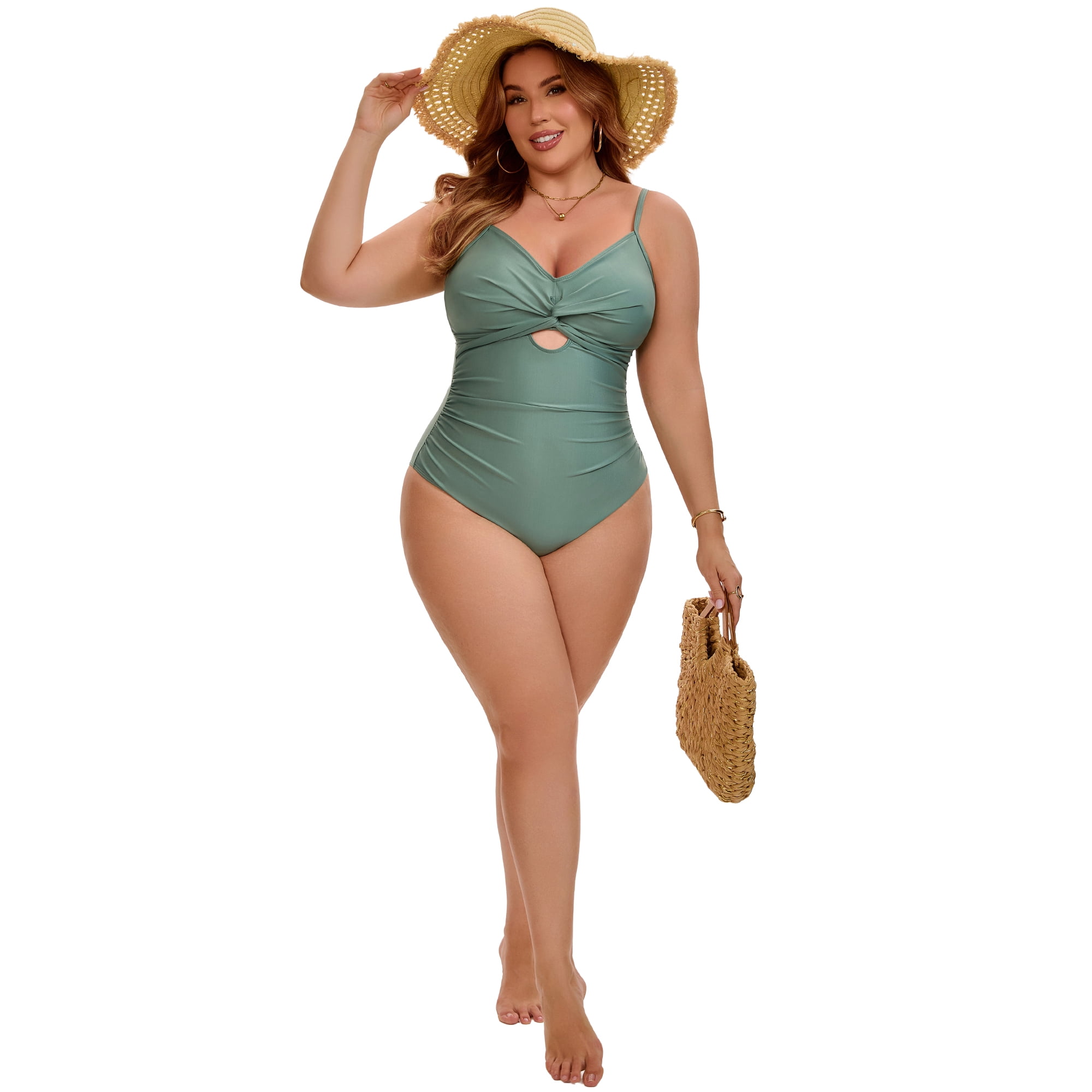 DARING DIVA Women's Plus 1 Piece Tummy Control Cutout High Swimsuit 4X Army Green