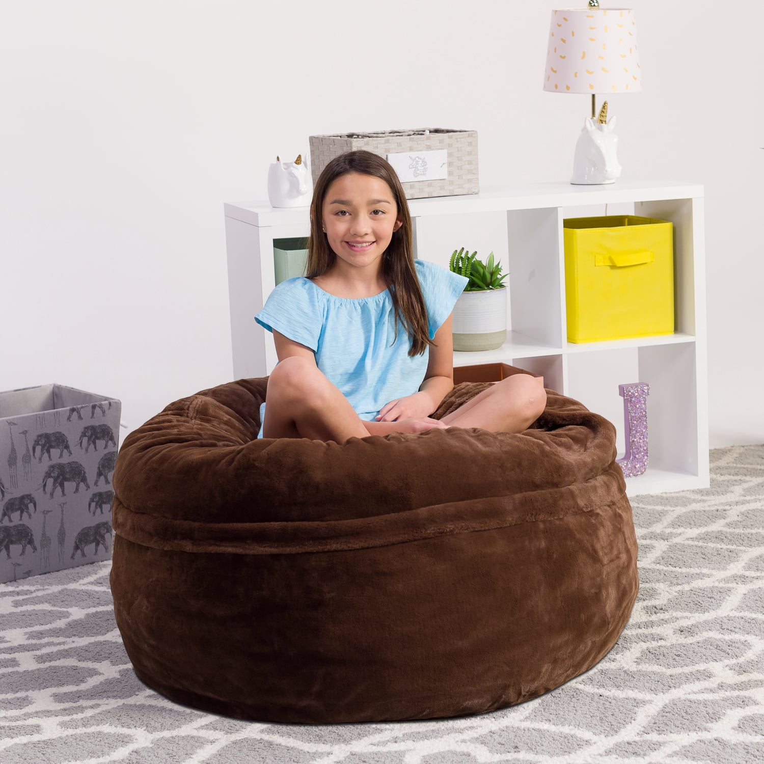 Chill Sack Bean Bag Chair, Faux Rabbit Fur with Memory Foam Fill, 4 ft, Brown