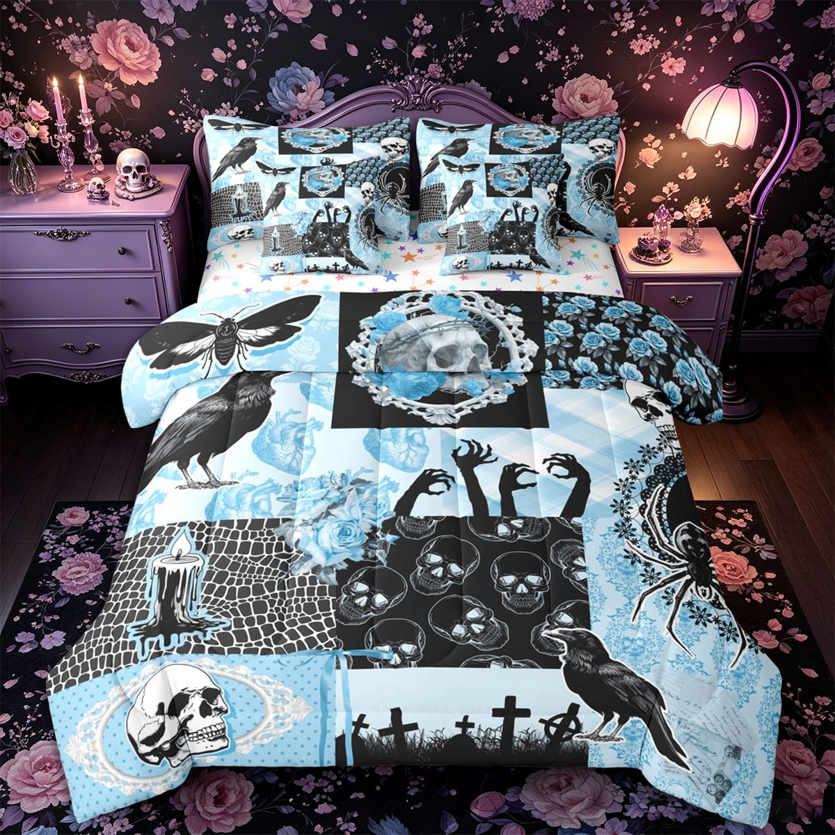 Castle Fairy Gothic Skeleton Crow Full Size Bedding Sets 7 Pieces Retro Rose Heart Full Size Bed in a Bag Blue Black Reversible