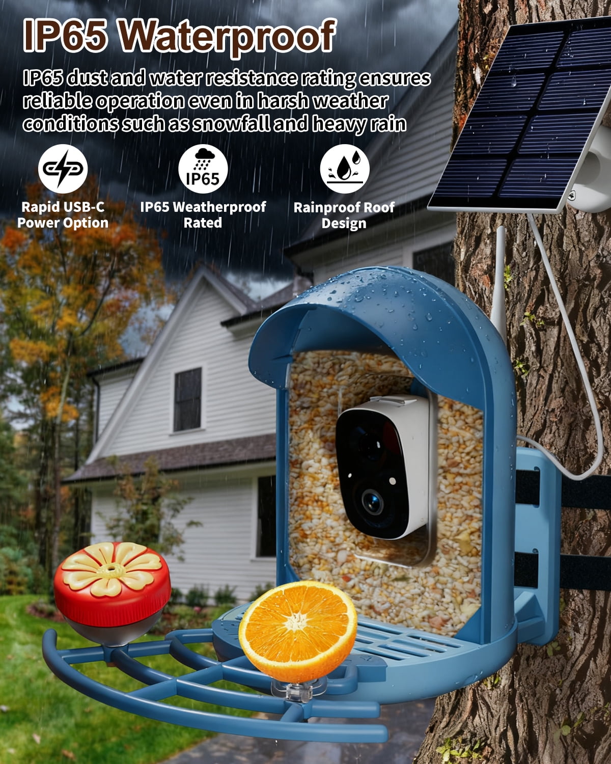 Bird Feeder with Camera, 2K HD Camera Birds Feeder with Bath Wireless Outdoor, Solar Powered Bird Watching with APP Control, Night Vision, Motion Detection Alerts, IP66 Birdfeeder for Backyard, Blue
