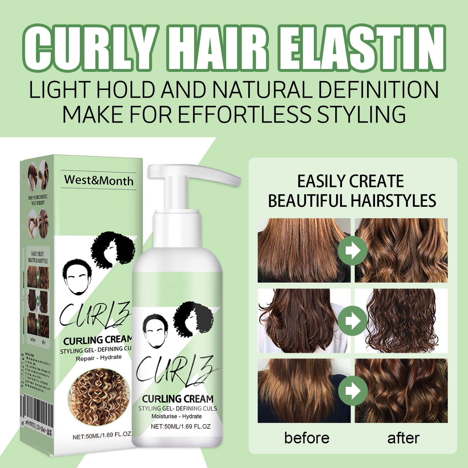 Alvantor Curl Cream Elastin Moisturizing Keratin Treatment for Curly Hair Frizz Smoothing 1.69 fl oz