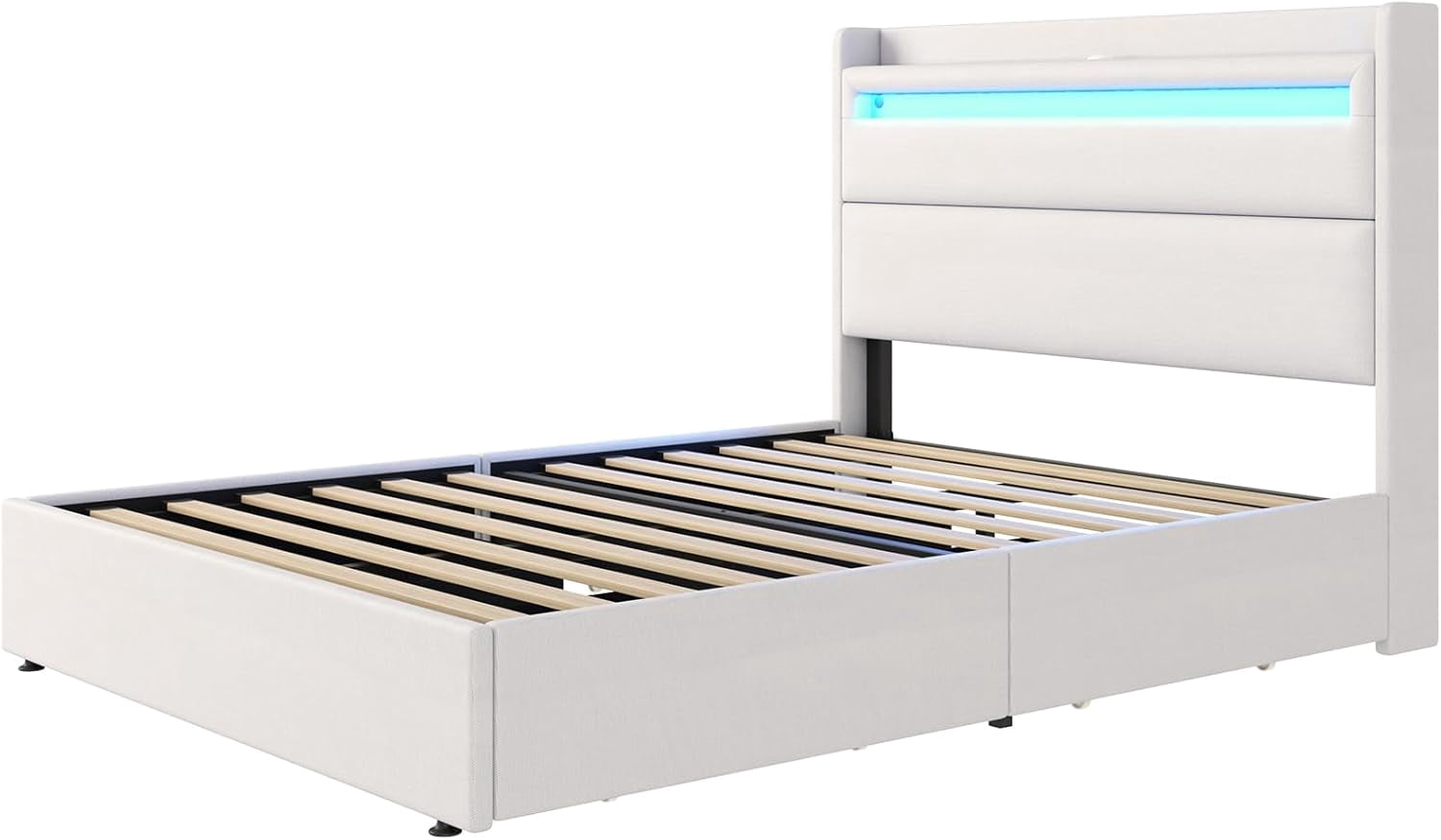 VanAcc Queen Size Upholstered Bed Frame with LED Storage Headboard, 4 Foldable Storage Drawers & Charging Station, White