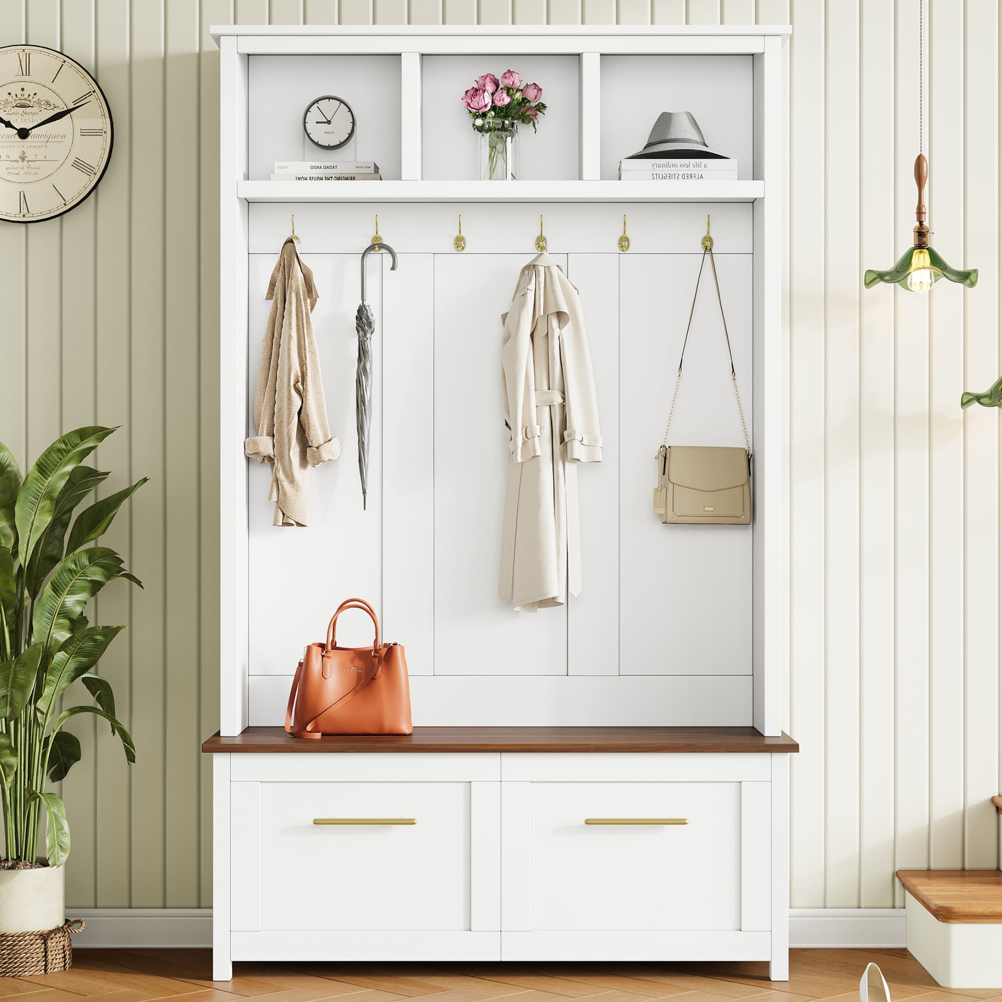 Mintazer 76.6"H Entryway Hall Tree with Bench & 2 Storage Drawers, 4-in-1 Entryway Organizer with Open Hutch Cubbies & 6 Golden Hooks for Mudroom Hallway, White