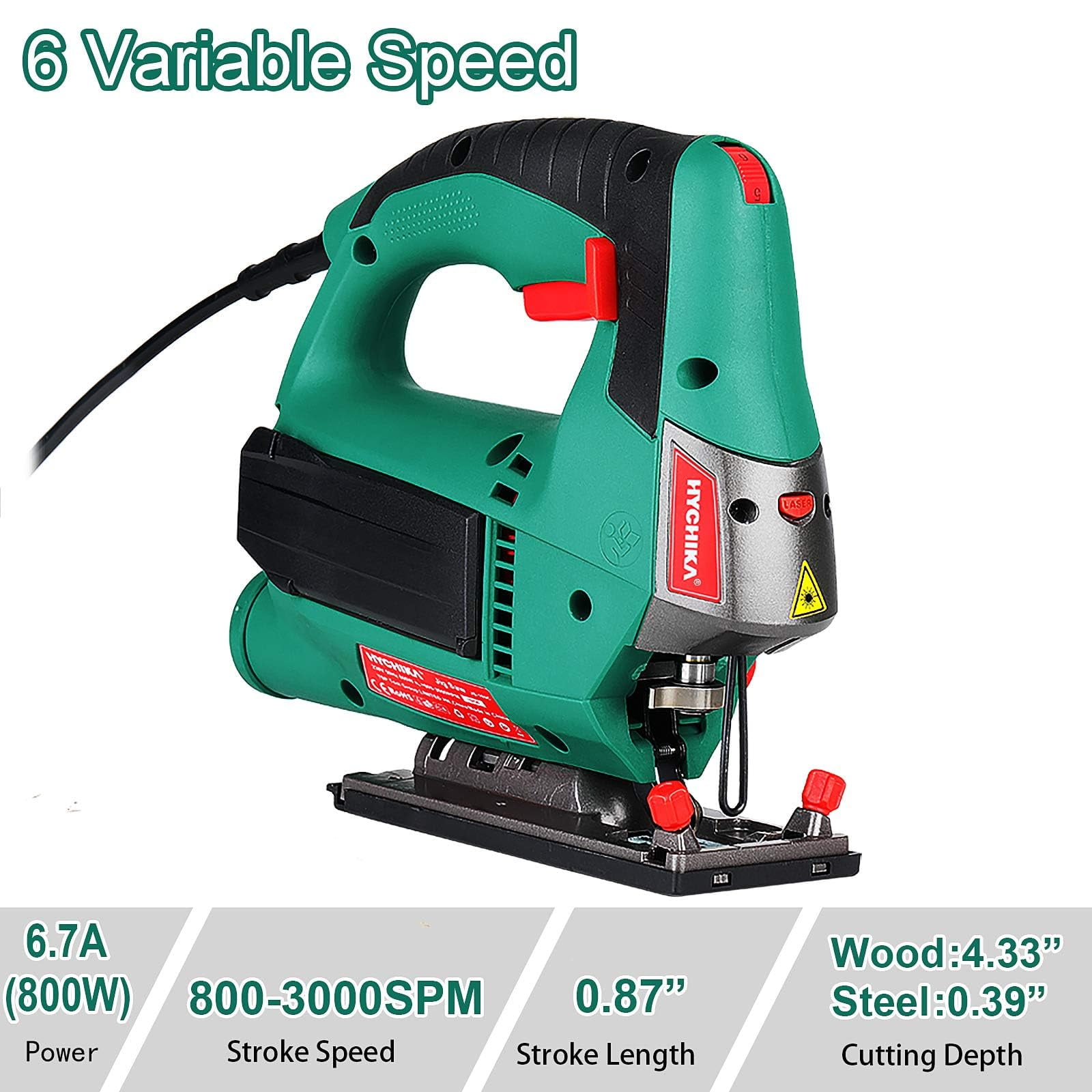 HYCHIKA Jigsaw, 6.7A Jig Saw 800-3000SPM with 6 Variable Speeds, 4 Orbital Sets, Bevel Angle 45°, 6PCS Blades, Pure Copper Motor, Laser Guide, Wood Metal Plastic Cutting