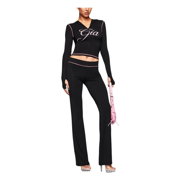 Women Printed Hoodie Long Sleeve Top and Micro Flare Pants Two Piece Casual Outfit Set