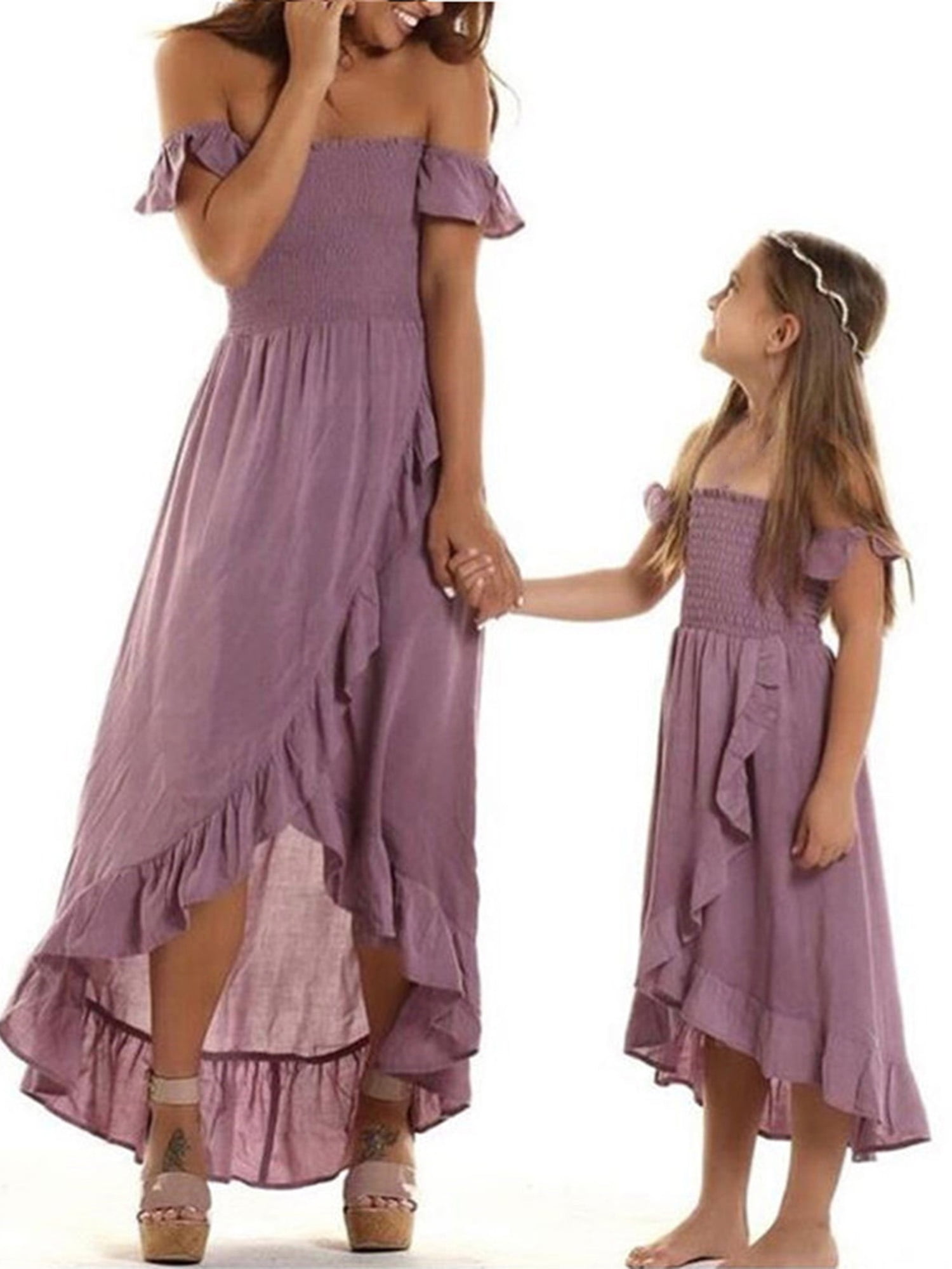 Mommy And Me Dresses Off Shoulder Chiffon Ruffled Long Dress Mother Daughter Matching Sundress