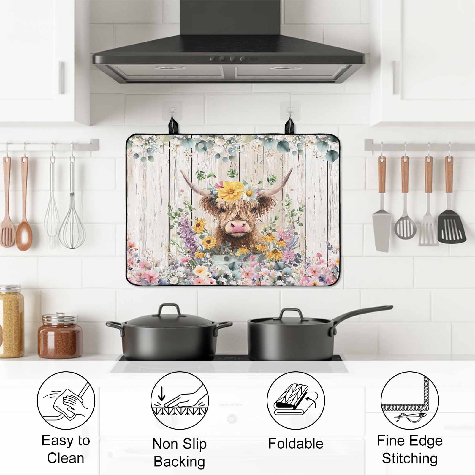 Spring Cow Floral Stove Top Cover for Electric Stove, Heat-proof & Non Slip Glass Top Stove Cover Protector, Green Eucalyptus Leaves Grey Wooden Kitchen Flat Cooktop Rubber Mat 24x21 Inches