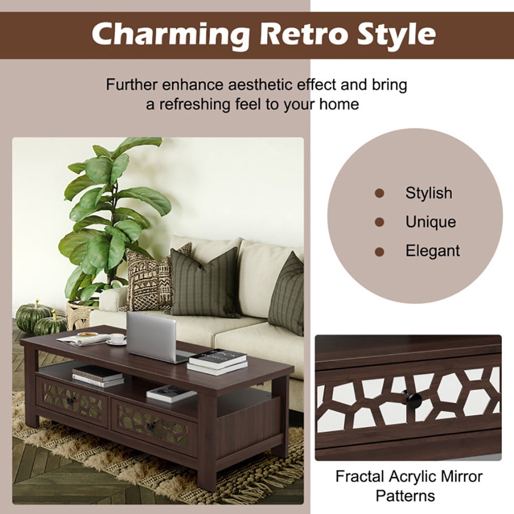Finihen Coffee Table, Rectangular Coffee Table, 3-tier Coffee Table with 2 Drawers and 5 Support Legs, for Living Room, Reception Room, Office, Brown Finihen Coffee Table, Rectangular Coffee Table, 3-tier Coffee Table with 2 Drawers and 5 Support Legs, for Living Room, Reception Room, Office, Brown