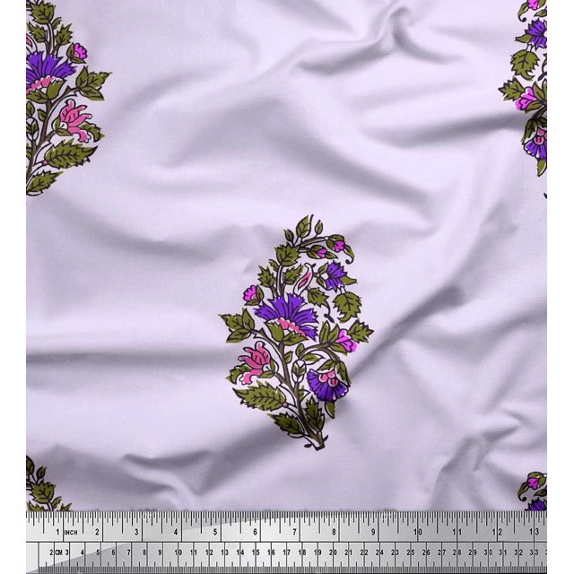Soimoi Velvet Fabric Leaves & Floral Block Printed Fabric 1 Yard 58 Inch Wide