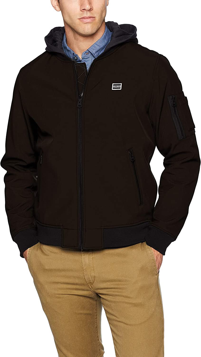 Levi's Men's Soft Shell Varisty Bomber Jacket with Hood, Black, Small