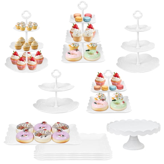 11Pcs Dessert Table Display Set, Cupcake Stand Set with 3-Tier & 2-Tier Dessert Stands, 10" Plastic Cake Stand & Serving Trays for Wedding, Birthday, Baby Shower, Party&treat table displays set
