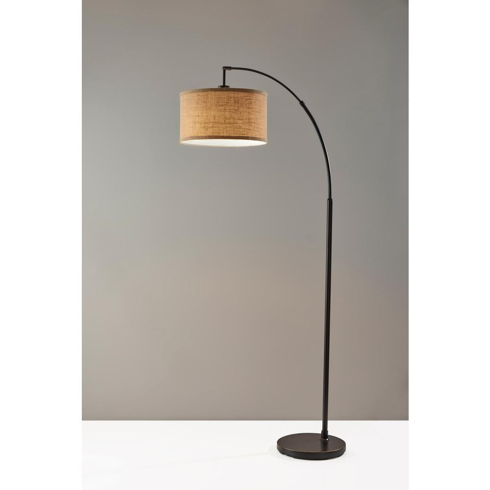 Adesso 68” Traditional Rotary Switch Antique Bronze Arc Floor Lamp with Burlap Drum Shades