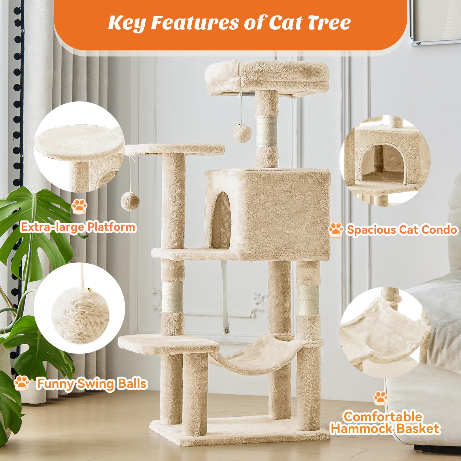 Atilioo 44 inch Cat Tree, Multi-Level Indoor Cat Tower with Condo, Hammock, Sisal Scratching Posts, Anti-Tip Bolts for Indoor Cats, Beige