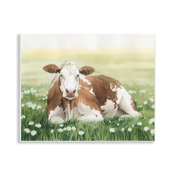 Stupell Industries Cow & Meadow Blossoms Animals & Insects Painting Unframed Art Print Wall Art, 14 x 11