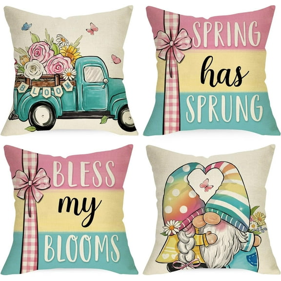 Spring Has Sprung Decorative Throw Pillow Covers 18 x 18 Set of 4, Bless My Blooms Blue Truck Gnome Cushion Case Decor, Colorful Stripes Flowers Farmhouse Home Decoration for Sofa Couch