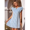 thumbnail image 4 of Women's Short Sleeve Floral Ruffle Smocked Mini Dresses Neck Burnout Sundress Dress for Casual Summer Light Blue L, 4 of 9