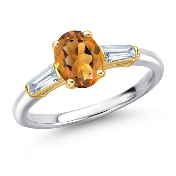 Gem Stone King 925 Silver and 10K Yellow Gold Orange Red Madeira Citrine and Lab Grown Diamond Engagement Ring for Women | 1.40 Cttw | Oval 8X6MM | Gemstone November Birthstone | Size 5