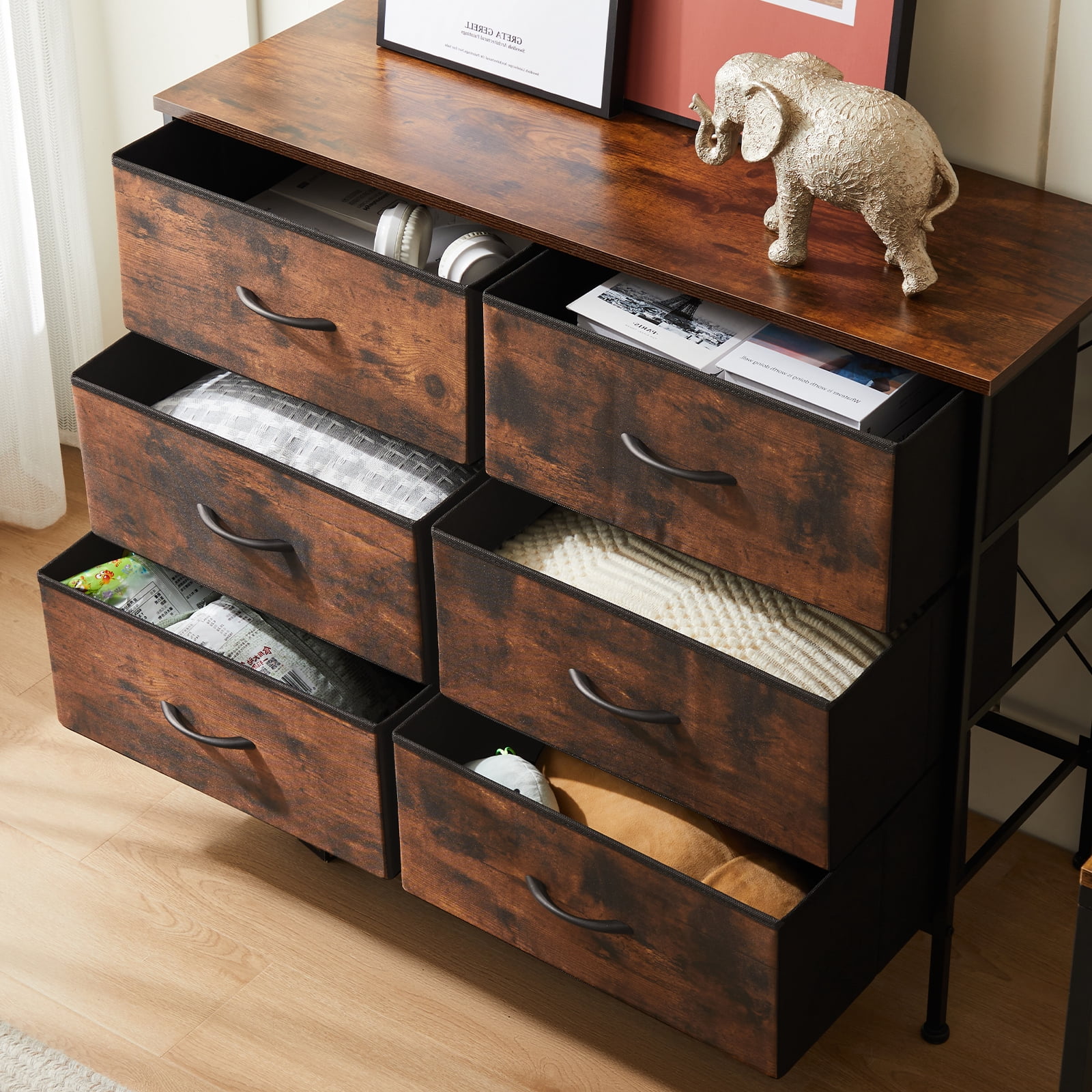 Aidoly Bedroom Dresser, 6 Storage Drawers, Anti-Tip Wide Fabric Closet Chests Organizer Tower Furniture with Wooden Top Metal Frame for Living Room, Hallway, Entryway, Rust