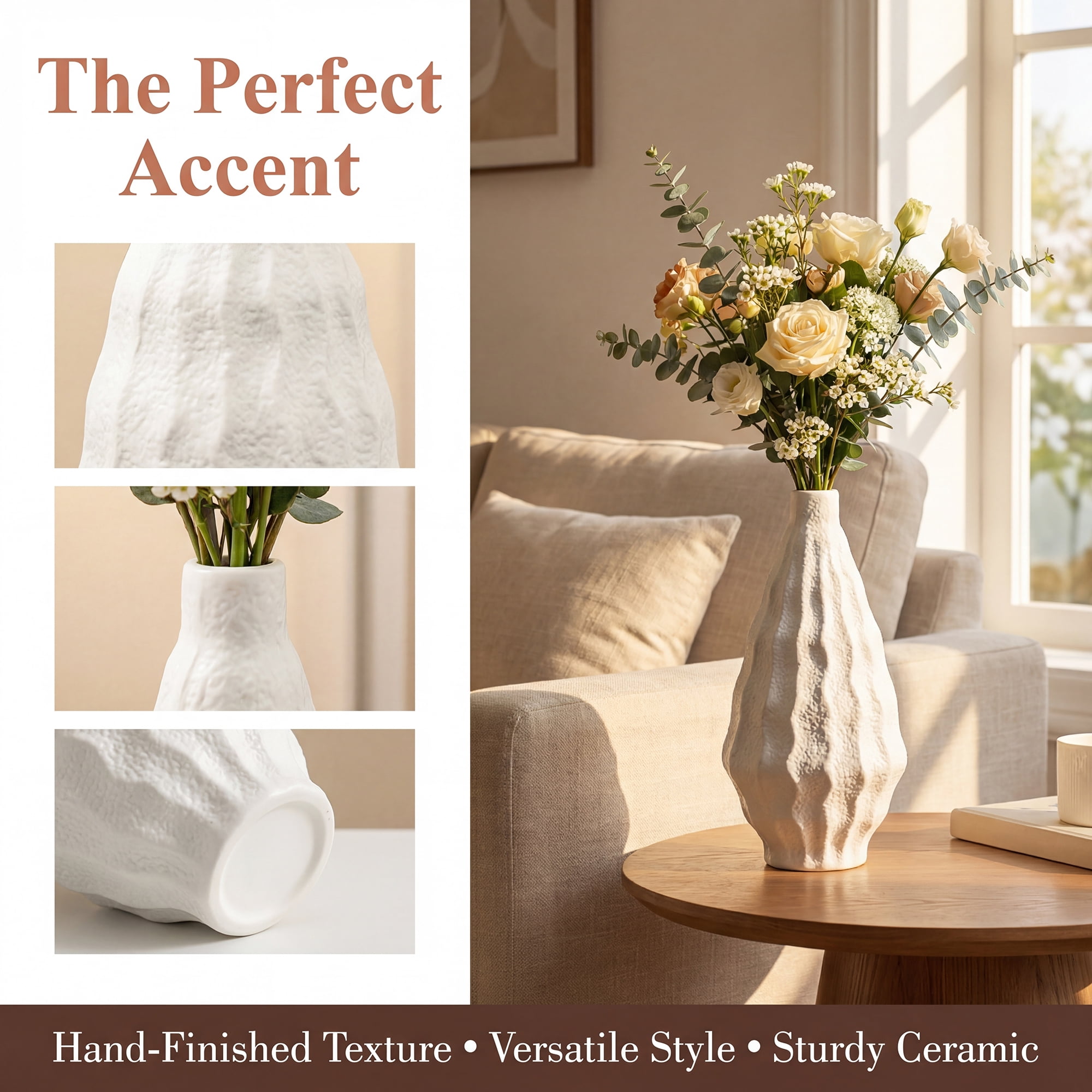 Unique Bargains Matte Chubby Bud Flower Vase with Wide Opening Ribbed Decorative White