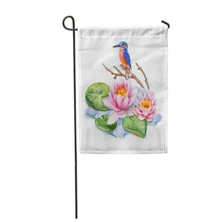 LADDKE Kingfisher Bird and Pink Lotus Water Lilies Isolated on White Garden Flag Decorative Flag House Banner 12x18 inch