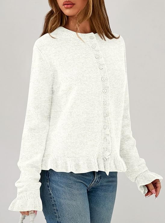 Womens Fall Button Down Cardigans Chunky Knit Ruffle Open Front Cropped Cardigan Sweaters Soft Long Sleeve Tops - image 3