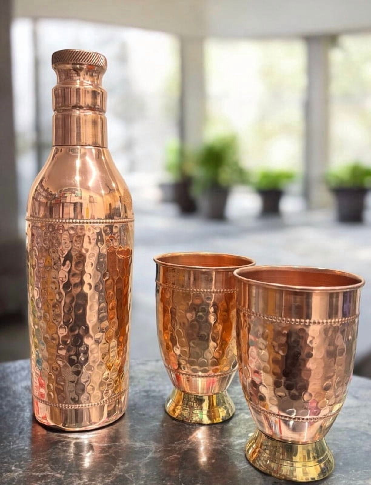 Elegant Copper Water Bottle Set with Two Matching Hammered Copper Glasses Half-Hammered Design Bottle Ideal for Home