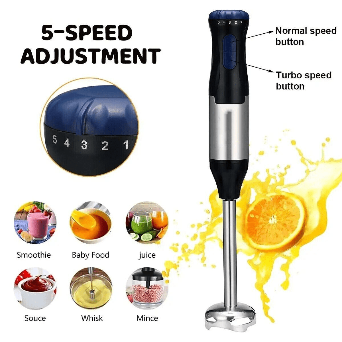 4 in1 handheld immersion blender, 5-speed powerful handheld blender stick with 304 stainless steel blades, chopper, beaker, whisk for smoothies, baby food, purees and soups.