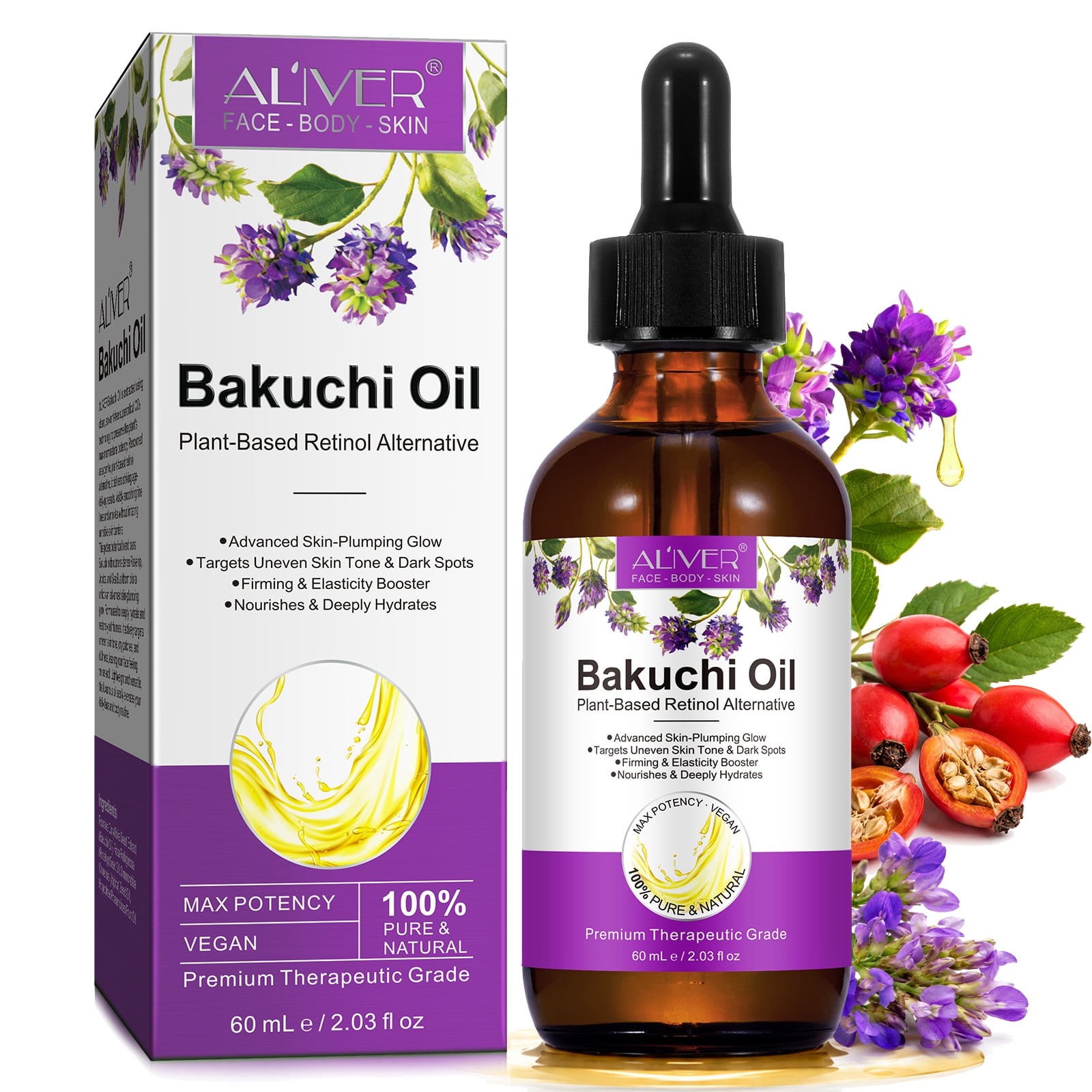 Aliver Bakuchiol Oil, Supercritical CO2 Extract, Retinol Alternative with Rosehip, Jojoba & Sea Buckthorn, Hydrating & Firming Anti-Aging Skincare, Vegan Formula, 2.02 fl oz