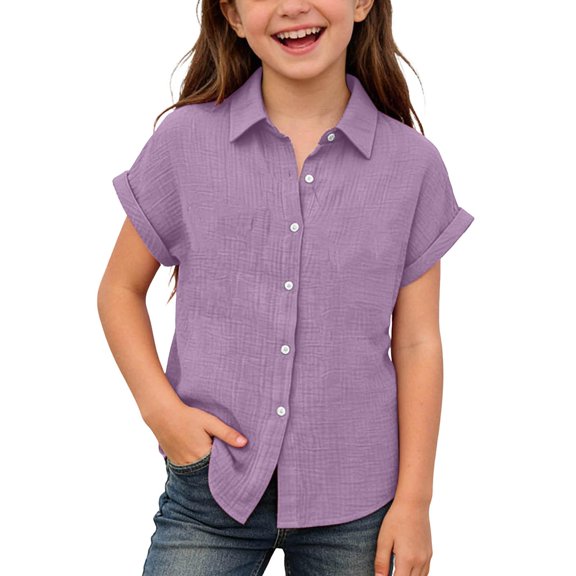 Tdoqot Girls Cotton Linen Button Down Shirts- Casual Short Sleeve Lapel Summer Kids Beach Clothes Purple Size 4-12T